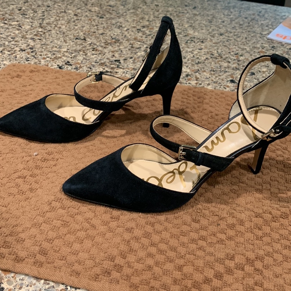 Sam Edelman Black Suede Pointed Double-Ankle Strap Heels - Picture 2 of 8